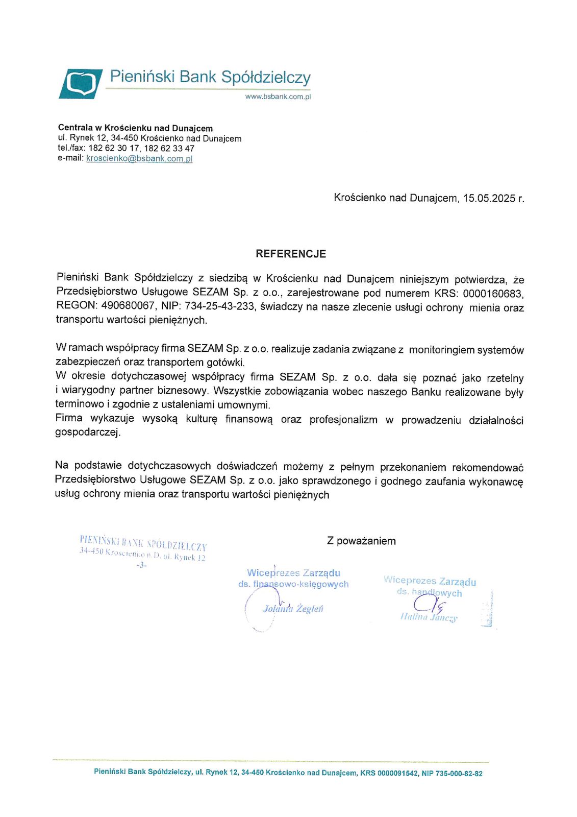 Referencje Bank Pieniński dla PU Sezam