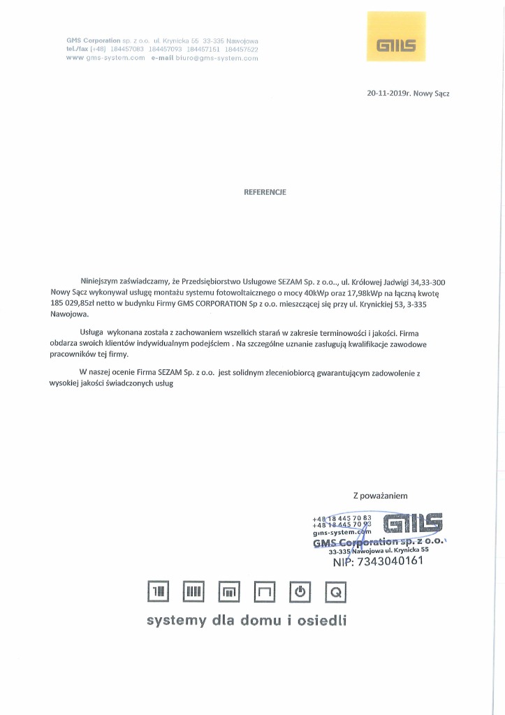 Referencje GMS Corporation dla PU Sezam